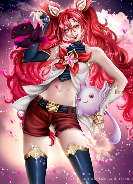 Anime-Bild 1600x2200 mit league of legends jinx (league of legends) star guardian jinx laurart88 single long hair tall image looking at viewer fringe smile hair between eyes standing twintails bare shoulders signed yellow eyes payot cloud (clouds) outdoors red hair