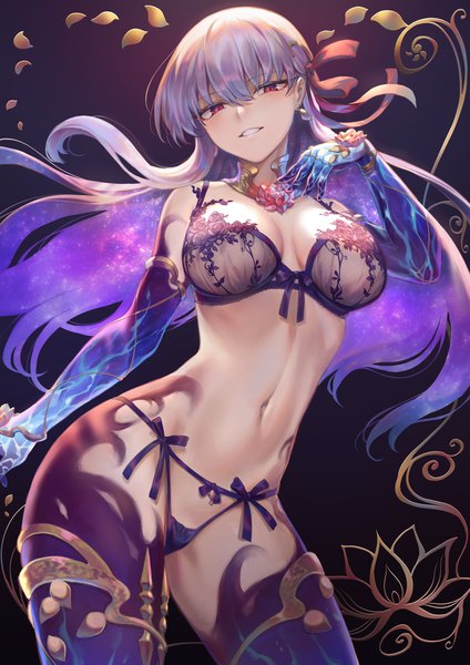 Anime picture 2894x4093 with fate (series) fate/grand order kama (fate) mashuu (neko no oyashiro) single long hair tall image looking at viewer fringe highres breasts light erotic hair between eyes red eyes large breasts bare shoulders purple hair parted lips bare belly gradient background