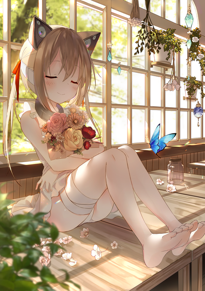 Anime picture 1059x1500 with original amafuyu single long hair tall image blush fringe light erotic blonde hair smile hair between eyes sitting twintails payot full body bent knee (knees) indoors eyes closed barefoot blurry