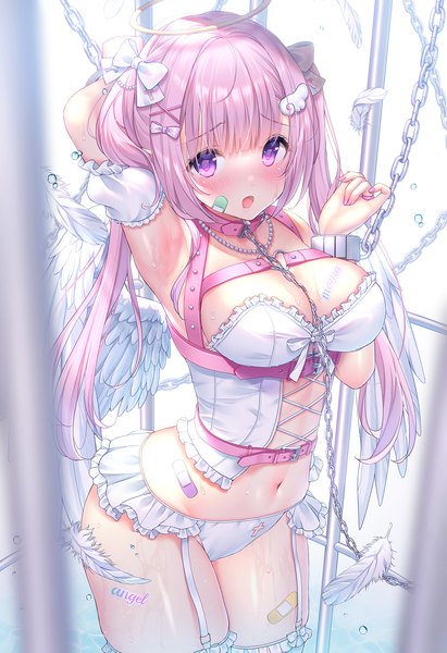 Anime picture 1303x1900 with original yuyuko (yuyucocco) single long hair tall image looking at viewer blush fringe breasts open mouth light erotic large breasts standing twintails payot pink hair cleavage blunt bangs nail polish fingernails