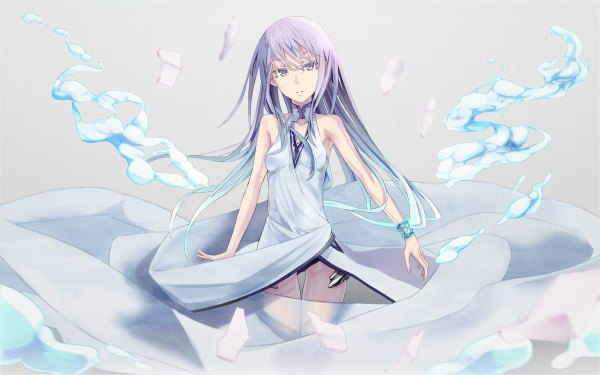 Anime picture 1200x750 with original bute (butegram) single long hair looking at viewer fringe breasts light erotic simple background standing purple eyes bare shoulders purple hair wind grey background girl bracelet