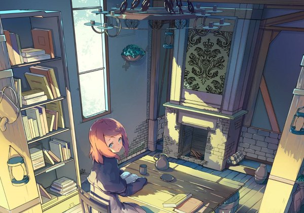 Anime picture 1068x750 with original cjl6y5r single looking at viewer blush fringe short hair blue eyes brown hair sitting indoors looking back from above sunlight :o shadow sleeves past wrists sad girl plant (plants)