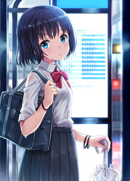 Anime picture 858x1200 with original hyuuga azuri single tall image looking at viewer blush fringe short hair blue eyes black hair head tilt wet depth of field wet clothes closed umbrella wet shirt transparent umbrella girl uniform school uniform