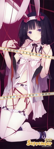 Anime picture 1962x5371 with original ruroo single long hair tall image highres light erotic black hair purple eyes animal ears bunny ears fake animal ears convenient censoring calendar 2015 girl thighhighs dress ribbon (ribbons) white thighhighs calendar