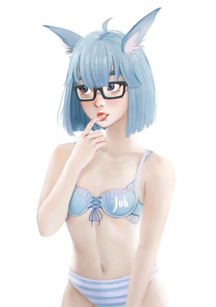 Anime picture 1920x2716 with original lizha (jubi) jubi (regiana) single tall image fringe highres short hair blue eyes light erotic simple background white background signed animal ears blue hair looking away ahoge blunt bangs realistic mole