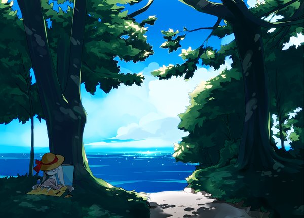 Anime picture 1670x1200 with mizushirazu single sitting twintails sky cloud (clouds) sleeping landscape plant (plants) hat tree (trees) water sea forest