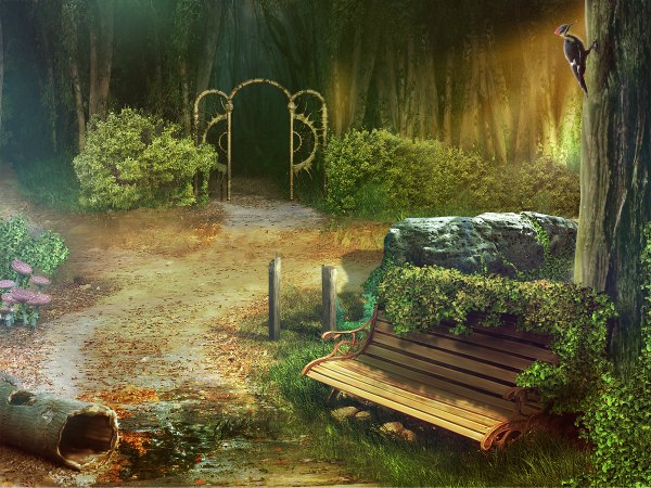 Anime picture 1200x900 with wolfewolf (arist) sunlight no people abandoned plant (plants) animal tree (trees) bird (birds) forest stone (stones) bench road door mushroom (mushrooms) garden