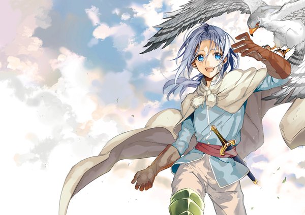 Anime picture 989x700 with arslan senki arslan tibino single long hair open mouth blue eyes sky silver hair cloud (clouds) ponytail arm up wind walking bird on hand boy gloves weapon animal sword