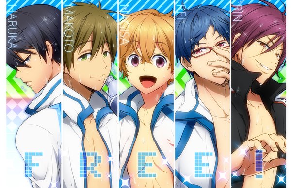 Anime picture 1390x900 with free! kyoto animation matsuoka rin nanase haruka (free!) tachibana makoto hazuki nagisa ryugazaki rei kl looking at viewer short hair open mouth blue eyes black hair blonde hair smile brown hair green eyes blue hair purple hair profile