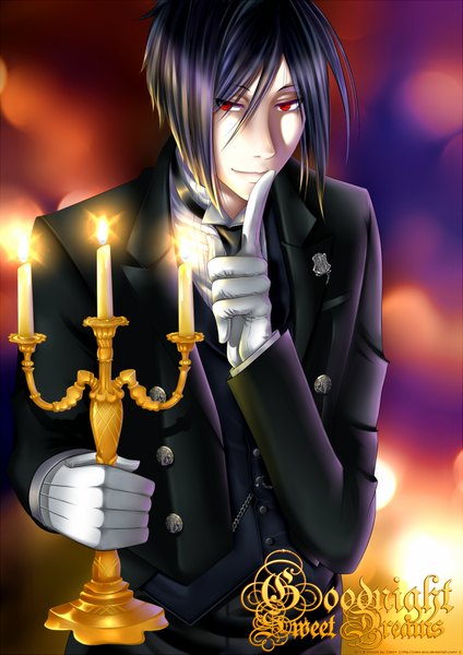 Anime picture 1403x1984 with kuroshitsuji a-1 pictures sebastian michaelis tall image looking at viewer short hair black hair red eyes inscription finger to mouth butler boy gloves necktie vest suit candle (candles)