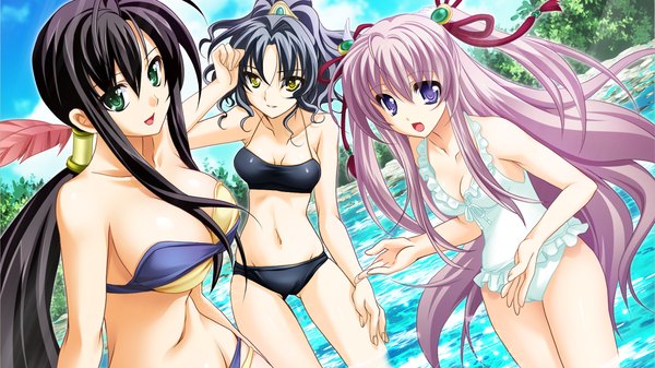 Anime picture 1280x720 with sangoku hime unicorn-a kan'u unchou (sangoku hime) chouhi yokutoku (sangoku hime) ato (sangoku hime) kanna (plum) long hair short hair open mouth light erotic black hair wide image purple eyes multiple girls green eyes yellow eyes game cg :d grey hair two side up