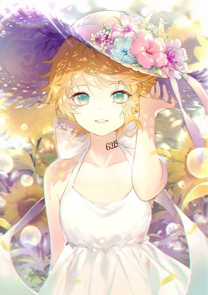 Anime picture 730x1035 with yakusoku no neverland cloverworks emma (yakusoku no neverland) kinokohime single tall image looking at viewer fringe short hair open mouth blonde hair smile standing bare shoulders green eyes upper body tattoo girl dress flower (flowers)