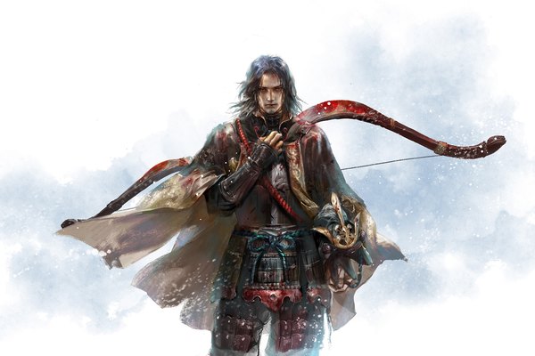 Anime picture 2054x1371 with sekiro: shadows die twice from software genichiro ashina shitsu soku k single looking at viewer highres short hair black hair simple background red eyes standing helmet removed holding helmet boy weapon armor helmet bow (weapon) vambraces