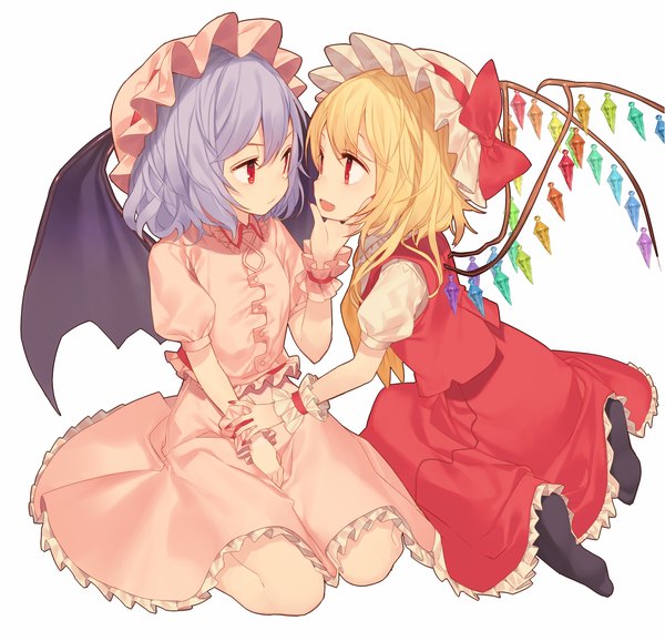 Anime picture 1204x1159 with touhou flandre scarlet remilia scarlet kitada mo fringe short hair open mouth simple background blonde hair smile red eyes white background sitting multiple girls purple hair nail polish short sleeves no shoes puffy sleeves face to face