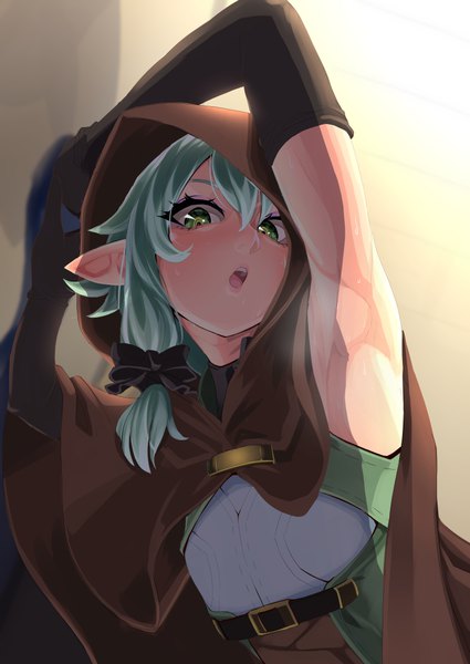 Anime picture 724x1023 with goblin slayer! high elf archer (goblin slayer!) atatatamu single long hair tall image looking at viewer blush fringe open mouth simple background hair between eyes green eyes payot upper body green hair pointy ears sunlight arms up shadow