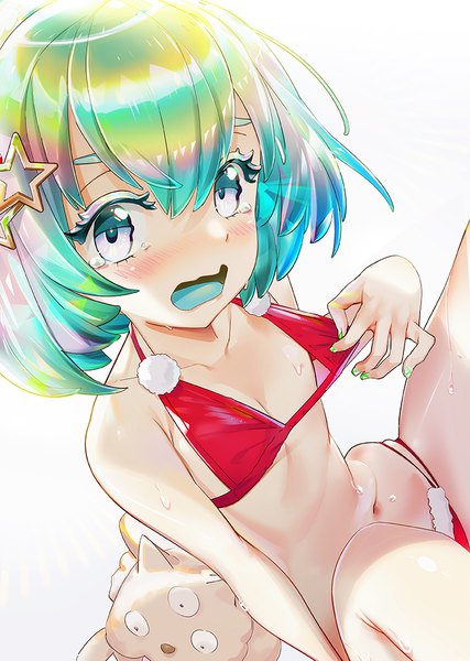 Anime picture 712x1000 with houseki no kuni diamond (houseki no kuni) shiro (houseki no kuni) el-zheng single tall image looking at viewer blush fringe short hair open mouth light erotic simple background hair between eyes white background bare shoulders nail polish multicolored hair fingernails from above