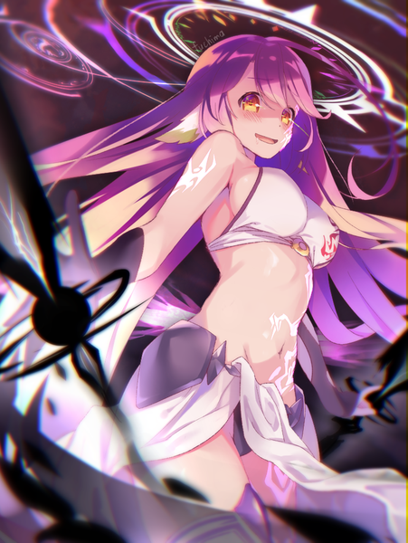 Anime picture 751x1000 with no game no life madhouse jibril (no game no life) fuchima single long hair tall image looking at viewer blush fringe breasts open mouth light erotic hair between eyes large breasts bare shoulders signed payot pink hair ahoge