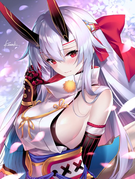 Anime picture 650x860 with fate (series) fate/grand order tomoe gozen (fate) kousaki rui single long hair tall image looking at viewer blush fringe breasts light erotic hair between eyes red eyes large breasts bare shoulders signed payot silver hair traditional clothes
