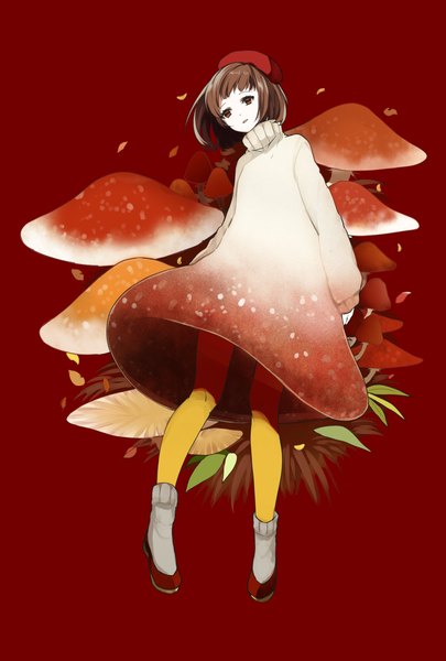 Anime picture 1377x2039 with original sogawa single tall image looking at viewer short hair brown hair brown eyes full body long sleeves parted lips head tilt red background girl dress hat pantyhose socks shoes beret