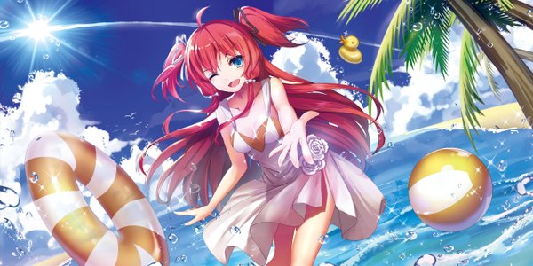 Anime picture 2560x1280 with original bison cangshu single long hair looking at viewer highres open mouth blue eyes wide image sky cloud (clouds) red hair one eye closed wink girl dress plant (plants) tree (trees) sea sundress
