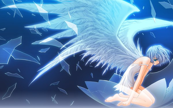 Anime picture 1440x900 with single short hair blue eyes wide image blue hair angel wings girl wings glass