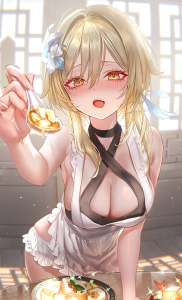 Anime picture 2000x3300 with genshin impact lumine (genshin impact) pottsness single long hair tall image looking at viewer blush fringe highres breasts open mouth light erotic blonde hair hair between eyes large breasts standing bare shoulders holding signed