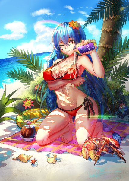 Anime picture 857x1200 with original tako seijin (takos000) single long hair tall image light erotic smile blue hair sky cloud (clouds) one eye closed hair flower wink orange eyes kneeling girl hair ornament flower (flowers) swimsuit plant (plants)