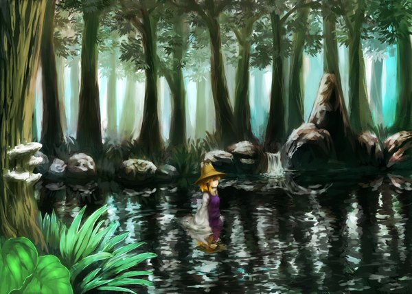 Anime picture 1449x1036 with touhou moriya suwako benitama single short hair blonde hair river girl plant (plants) hat tree (trees) water forest stone (stones)