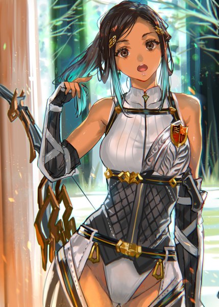 Anime picture 858x1200 with original ranou single long hair tall image looking at viewer breasts open mouth light erotic black hair standing bare shoulders holding brown eyes head tilt multicolored hair arm up fingernails blurry aqua hair