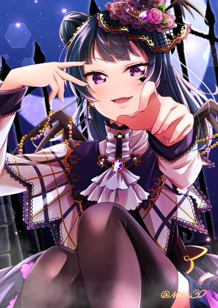 Anime picture 3541x5016 with love live! sunshine!! sunrise (studio) love live! tsushima yoshiko nota ika single long hair tall image looking at viewer highres open mouth black hair sitting purple eyes signed absurdres :d hair bun (hair buns) twitter username lens flare