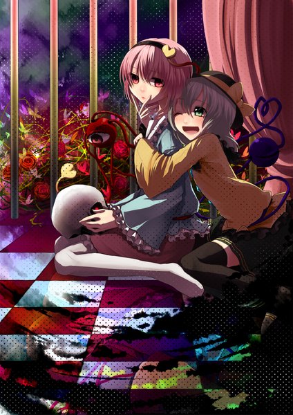 Anime picture 1500x2121 with touhou komeiji koishi komeiji satori hijiri-ssh tall image blush short hair open mouth red eyes sitting multiple girls green eyes pink hair white hair hug checkered floor eyes girl thighhighs flower (flowers)