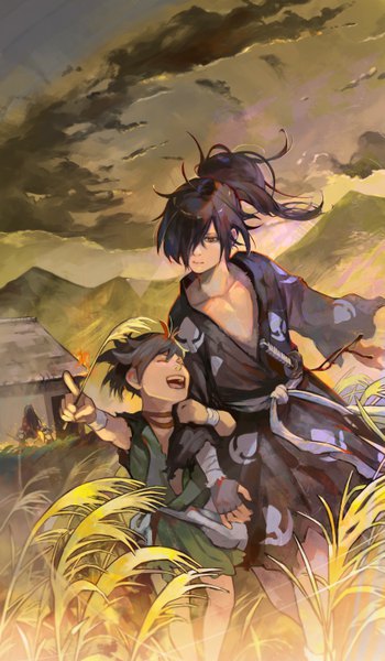 Anime picture 3500x6000 with dororo (tezuka) hyakkimaru (dororo) dororo (character) mio (dororo) kyuuba melo long hair tall image fringe highres short hair open mouth black hair multiple girls absurdres sky cloud (clouds) outdoors ponytail eyes closed traditional clothes