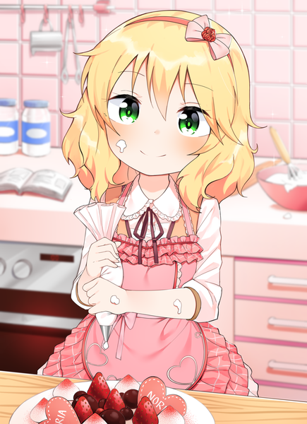 Anime picture 2132x2941 with idolmaster idolmaster cinderella girls sakurai momoka noria single long hair tall image looking at viewer blush highres blonde hair smile green eyes food on face cooking valentine sweets (idolmaster) girl food sweets headband