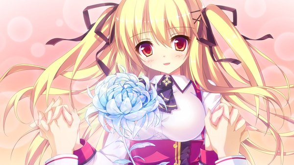 Anime picture 1024x576 with hanayome to maou celica tepes lunatica single long hair looking at viewer blush open mouth blonde hair red eyes wide image game cg girl dress flower (flowers) ribbon (ribbons) hair ribbon x hair ornament
