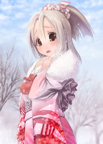 Anime picture 1109x1553 with kantai collection zuihou light aircraft carrier kobiyuun single tall image looking at viewer blush fringe short hair open mouth hair between eyes brown eyes white hair traditional clothes japanese clothes snowing winter exhalation bare tree cold