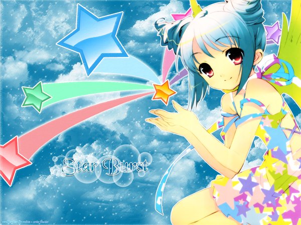 Anime picture 1600x1200 with itou noiji single looking at viewer fringe short hair smile red eyes sitting signed blue hair sky inscription hair bun (hair buns) wallpaper star print girl dress star (symbol)