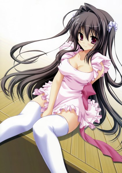 Anime picture 2844x4035 with long hair tall image highres light erotic black hair purple eyes naked apron girl thighhighs white thighhighs