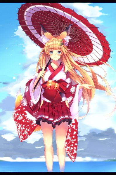 Anime picture 1150x1735 with original mikususannda single long hair tall image looking at viewer blush blue eyes blonde hair smile animal ears sky cloud (clouds) tail traditional clothes japanese clothes animal tail fox ears floral print fox tail