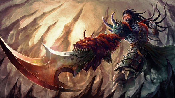 Anime picture 1000x563 with league of legends tryndamere (league of legends) novanim (artist) long hair open mouth black hair red eyes wide image looking away scar boy weapon armor huge weapon fist beard huge sword spikes