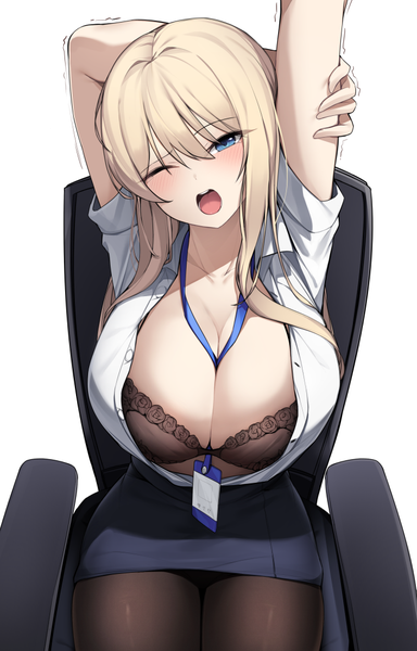 Anime picture 691x1079 with original ddangbi single long hair tall image looking at viewer blush fringe breasts open mouth blue eyes light erotic simple background blonde hair hair between eyes white background sitting payot cleavage head tilt