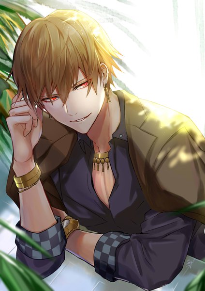 Anime picture 2480x3507 with fate (series) fate/grand order gilgamesh (fate) gilgamesh (caster) (fate) tarao (13raven) single tall image looking at viewer fringe highres short hair simple background blonde hair smile hair between eyes red eyes white background signed upper body head tilt