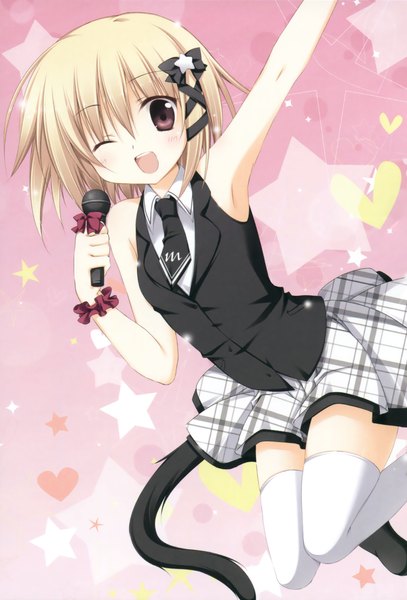 Anime picture 1568x2312 with alice or alice mako (alice or alice) korie riko single tall image looking at viewer fringe short hair open mouth simple background blonde hair smile hair between eyes brown eyes tail animal tail one eye closed arm up wink teeth