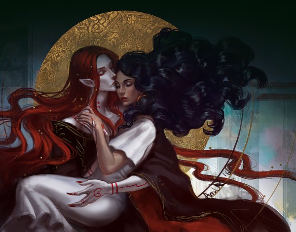 Anime picture 1200x943 with windside: pyromance kerrie anndr (artist) long hair black hair signed red hair eyes closed wind pointy ears tattoo couple hug dark skin holding hands dark background wavy hair pale skin kiss forehead kiss