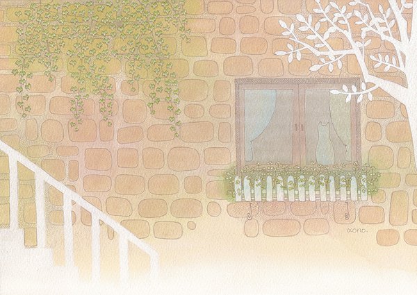 Anime picture 1000x709 with original aono no people plant (plants) animal tree (trees) window leaf (leaves) cat grass stairs