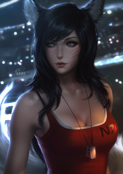 Anime picture 919x1300 with league of legends mass effect ahri (league of legends) raikoart single long hair tall image fringe breasts blue eyes light erotic black hair bare shoulders animal ears looking away cleavage upper body lips realistic depth of field