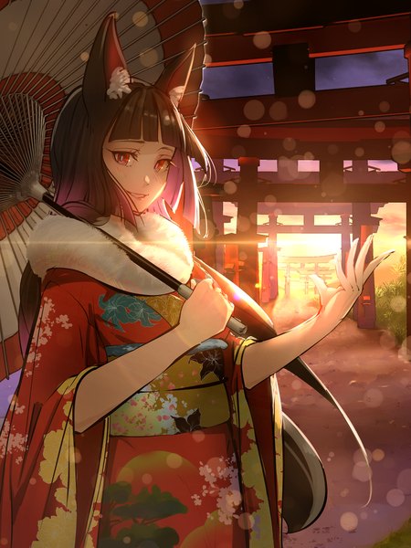 Anime picture 1920x2560 with original smile (qd4nsvik) single long hair tall image looking at viewer fringe highres black hair smile red eyes standing animal ears blunt bangs traditional clothes japanese clothes new year morning sunrise girl