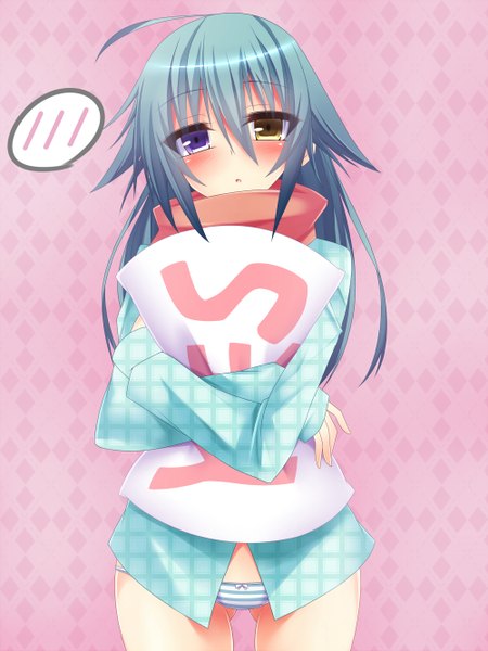 Anime picture 1000x1333 with original rebecca arcane suterii single long hair tall image blush light erotic blue hair heterochromia ass visible through thighs pink background yes-no pillow girl underwear panties pillow speech bubble pajamas