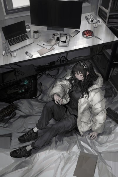 Anime picture 5000x7472 with original lm7 (op-center) single long hair tall image fringe highres black hair hair between eyes sitting purple eyes looking away absurdres full body indoors long sleeves from above arm support open jacket girl