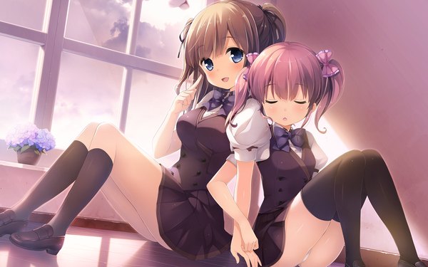 Anime picture 1920x1200 with berry's houkou yuuka tatsumi wakaba sakura koharu blush fringe highres short hair open mouth blue eyes light erotic brown hair sitting twintails multiple girls pink hair bent knee (knees) eyes closed head tilt holding hands