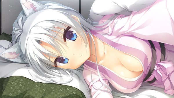 Anime picture 1920x1080 with senren banka yuzusoft tomotake yoshino kobuichi single long hair blush fringe highres breasts blue eyes light erotic smile hair between eyes wide image large breasts animal ears payot game cg cleavage